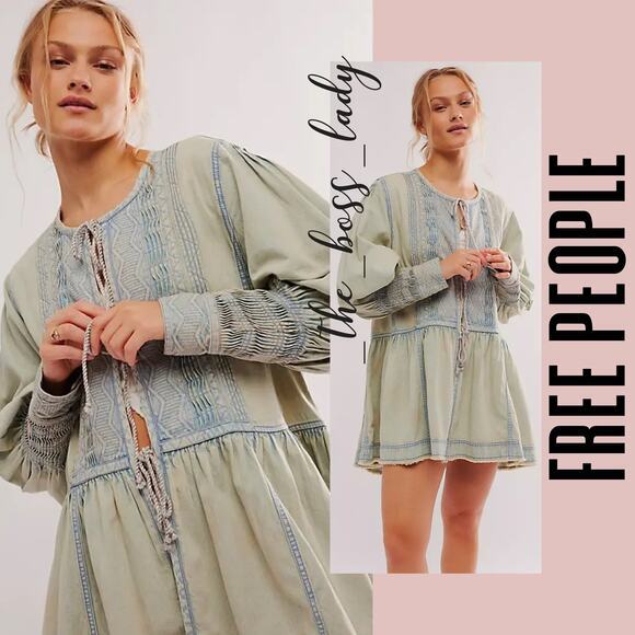 Free People jacket  or mini dress denim pleated cover-up cotton linen blend - Picture 1 of 9